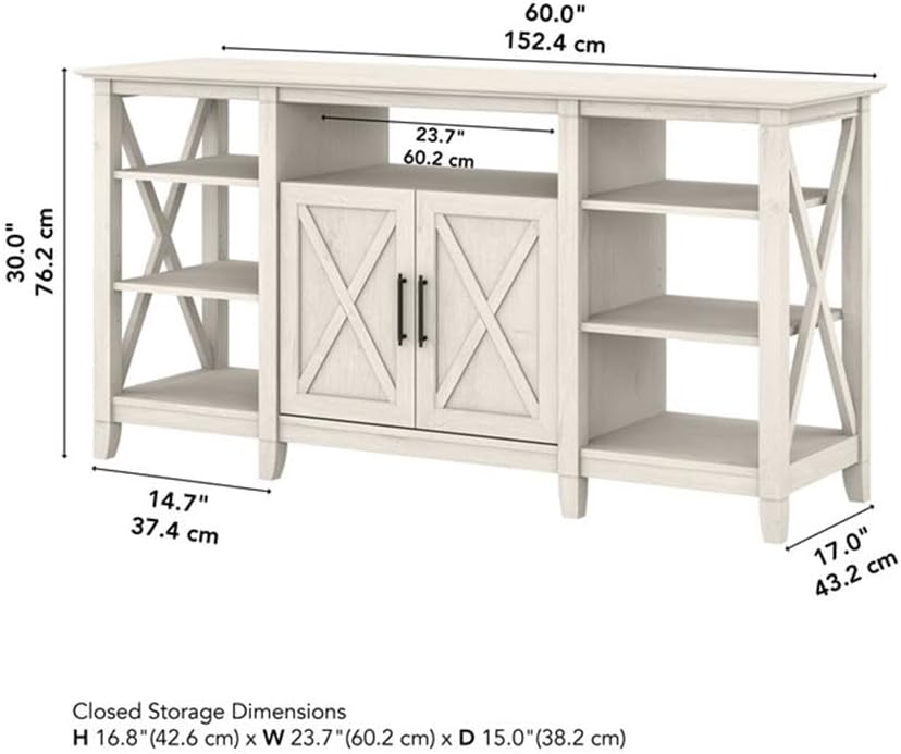 Bush Home Key West Tall TV Stand for 65 Inch TV in Linen White Oak, Farmhouse Entertainment Center with Storage