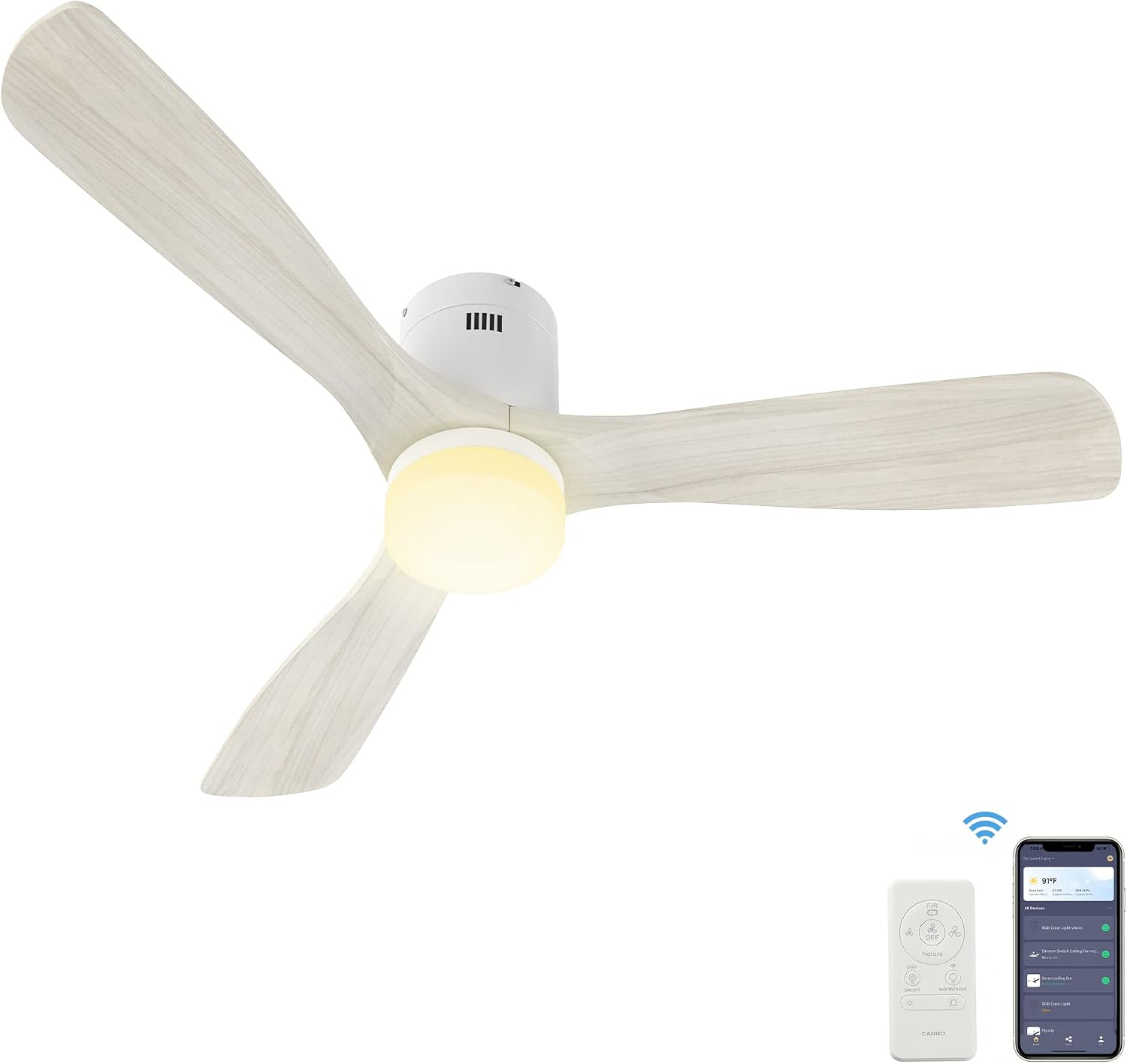 SMAAIR 52 Inch Flush Mount Smart Ceiling Fan with Dimmable Led Light, 3 Carved Wood Blades Modern Low Profile Ceiling Fans Compatible with Alexa,Remote Control,Timer & Schedule Function,White