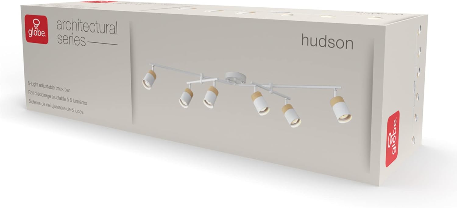 Globe Electric 64000055 42' 6-Light Track Lighting, Double Center Swivel Bar, Matte White, Wood Toned Accents, Ceiling Light, Pivot Shades, 6 Bulb, Kitchen Lights, GU10 Sockets