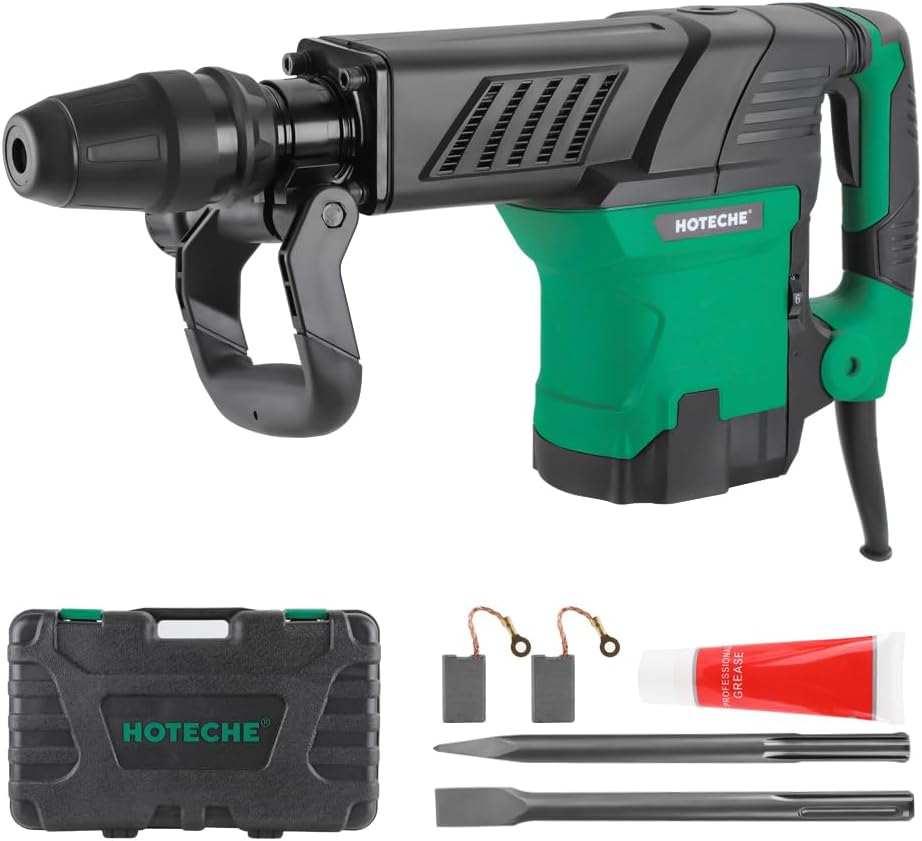 Hoteche Electric Demolition Jack Hammer 1500W Heavy-Duty SDS-MAX Concrete Breaker with Flat & Point Chisel