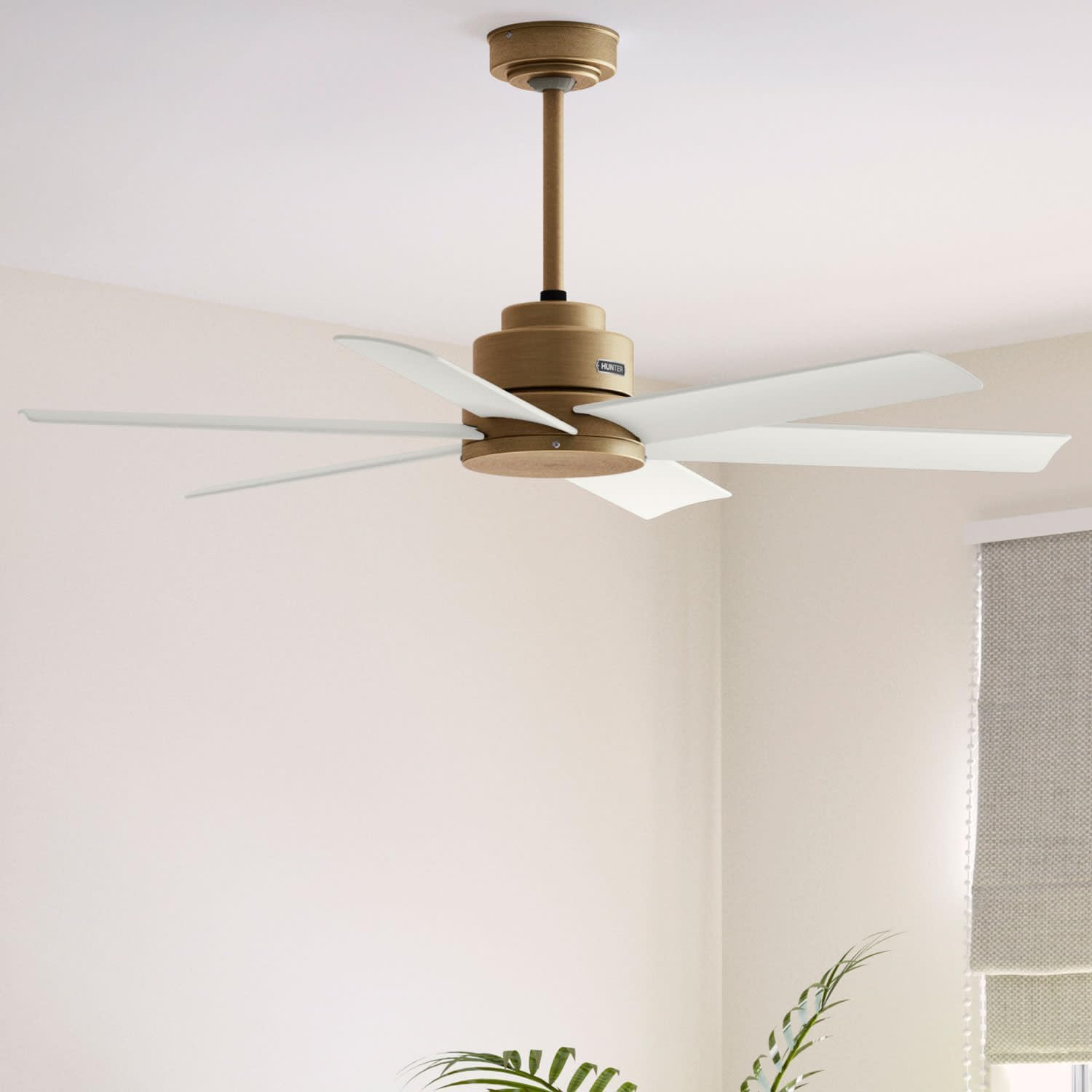 Hunter 52' Kennicott Indoor/Outdoor Ceiling Fan, Wall Control, Luxe Gold | SureSpeed high velocity airflow and no-light design suit covered patios, porches, bedrooms, or living rooms with easy setup.