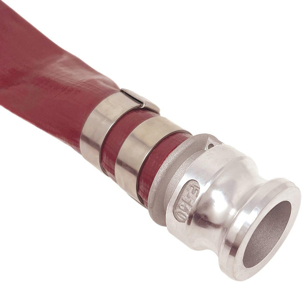 Gloxco 1-1/2' x 50′ Red Heavy Duty Lay Flat PVC Discharge Hose Assembly with Aluminum Cam and Groove C and E Fittings