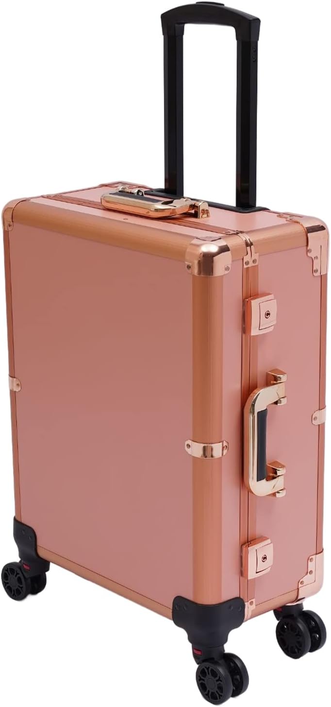3-Tier Rolling Makeup Train Case, Aluminum Salon Cosmetic Trolley Organizer with LED Light & Mirror & 4 Wheels Adjustable Height Professional Large Storage Travel Beauty Luggage Rose Gold