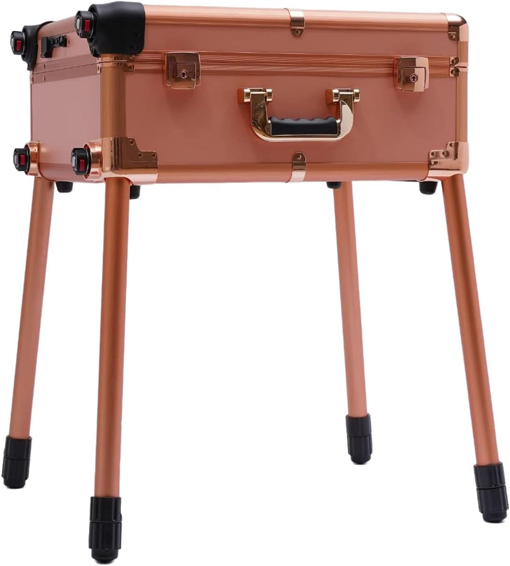 Makeup Train Case, Portable Makeup Station,Travel Cosmetic Trolley w/Stand, Rolling Cosmetic Organizer Box w/Light Mirror for Professional Barber, Pedicure, Manicure Makeup Artist Pink