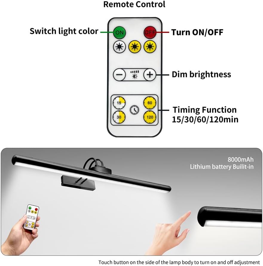 26' Wireless Picture Lights, Rechargeable Battery Art Display Light with Remote Control, Dimmable/Timer Off Dartboard Light, 3 Lighting Modes Full Metal Painting Display Lights (Black-2 Pack)