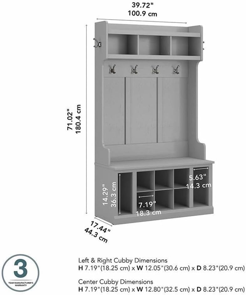 Bush Home Woodland 40W Hall Tree and Shoe Storage Bench with Shelves in Cape Cod Gray, Cubbies and Coat Hooks for Foyer, Mudroom, or Entryway