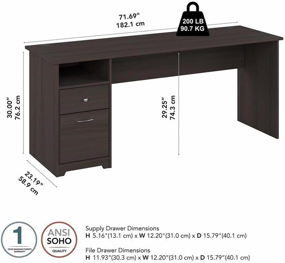 Bush Furniture Cabot 72W Computer Desk with Drawers in Heather Gray, Large Work Table and Built-in Storage for Home Office, 6 Foot Long Desktop