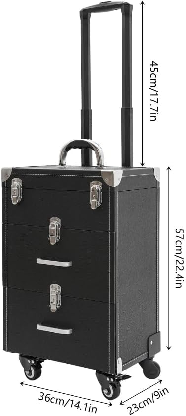 Rolling Makeup Case, Professional Makeup Trolley with 2 Large Drawers and Wheels Cosmetic Organizer Trolley for Studio or Travelling Nail Technician Artists Cosmetologist Stylist (Black, Silver)