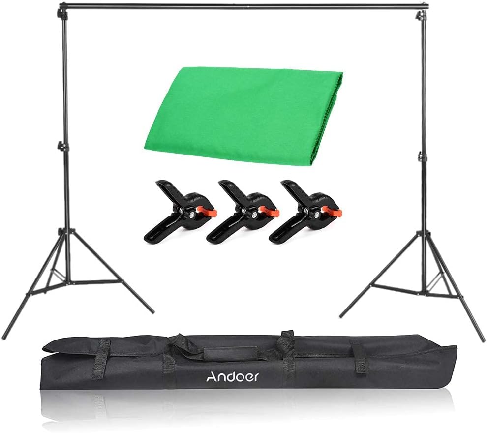 Andoer 6.6 x 10ft Green Screen Stand Kit Washable Polyester-Cotton Fabric Chromakey Photography Backdrop with 3pcs Clamps