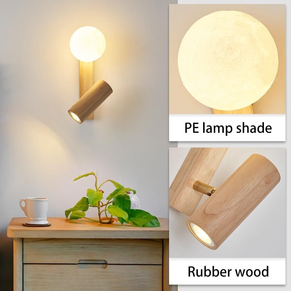 Modern Nordic Solid Wood Wall Sconce Minimalist Globe Acrylic Shade Mount Light with Small Rubber Wood Spotlight Indoor Cozy Ambient Wall Lamp for Living Room Hallway
