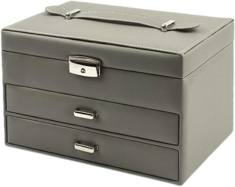 Jewelry Boxes for Women Three Layer PU Leather Box Storage Suitcase Drawer Type Packaging nizer Bedroom Bathroom Cloakroom Vanity(Gray)
