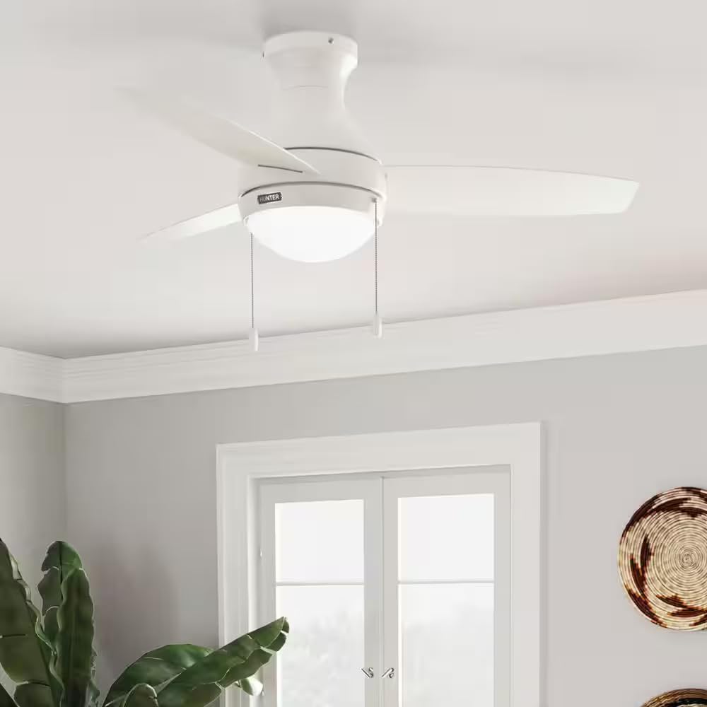 Hunter Fan 44 inch Fresh White Indoor Ceiling Fan with Light and Pull Chain for Bedroom, Living Room, Office, Basement, Kitchen (Renewed), CC5C27C65