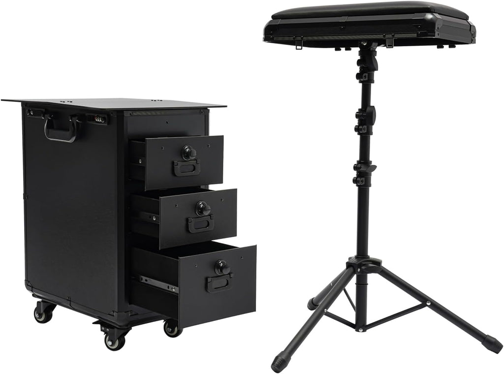 Tattoo Trolley Case, Rolling Makeup Case with Armrest Stand & 3 Drawers & Code Lock Portable Travel Equipment with 4 Universal Wheels Adjustable Make Up Workstation Makeup Station Suitcase Black