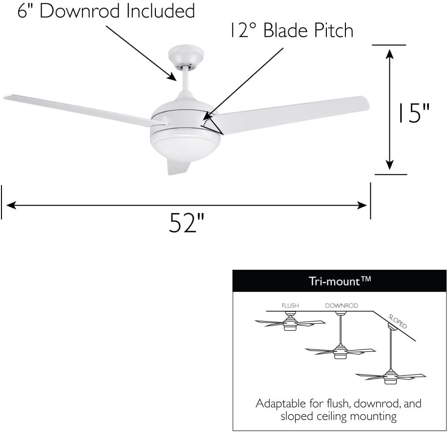 Design House 156513-WHT Treviento LED 52-inch Contemporary Indoor Ceiling Fan with LED Light Kit, 3-Blade, Reverse Airflow, Remote Control, White