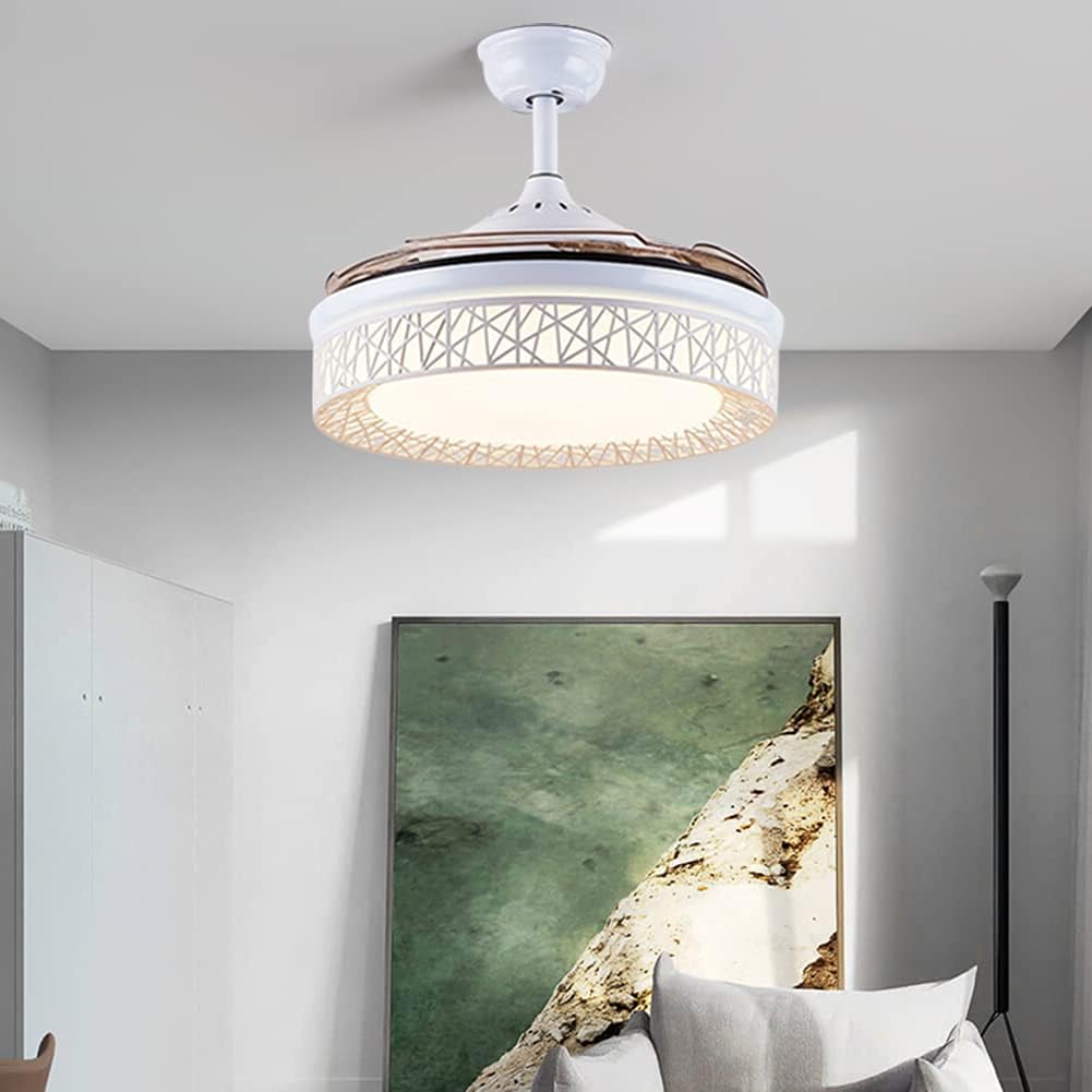 Fandian 42 Inch Modern Ceiling Fans with Light Retractable Blades LED Ceiling Fan 3 Color Change Lighting Chandelier with Remote Control (White)