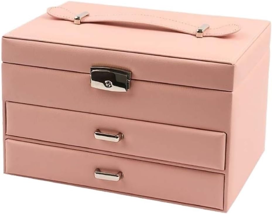 Three Layer PU Leather Jewelry Box for Women - Stylish Green Storage Suitcase Organizer for Bedroom, Bathroom, and Vanity - Elegant Drawer Type Design (Pink A)