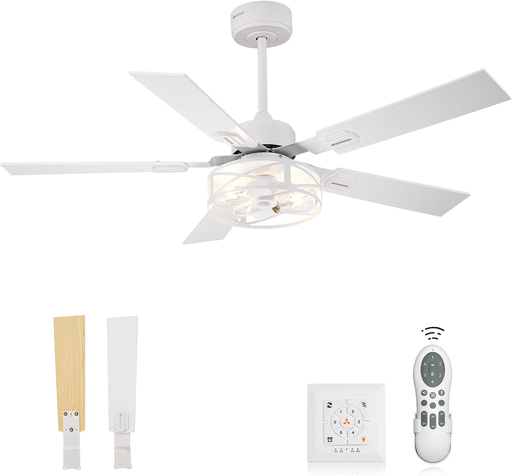 YOUKAIN 48 Inch Ceiling Fans with Lights, Farmhouse Ceiling Fans with Wall Switch and Remote Control, 5-Reversible, White Finish, Outdoor Ceiling Fan for Indoor/Outdoor Use, 48-YJ632-WHW-WS