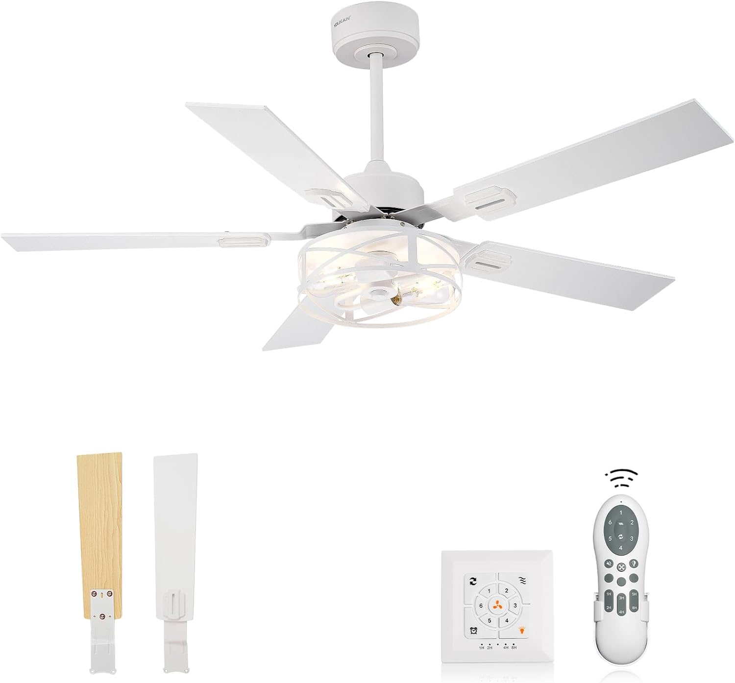 YOUKAIN 48 Inch Ceiling Fans with Lights, Farmhouse Ceiling Fans with Wall Switch and Remote Control, 5-Reversible, White Finish, Outdoor Ceiling Fan for Indoor/Outdoor Use, 48-YJ632-WHW-WS