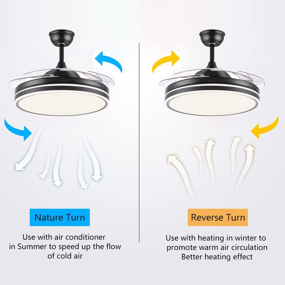 Retractable Ceiling Fan with Lights, Bluetooth Speaker - 42'' Color Changing Black Ceiling Fan, Alexa/Google App Control, Invisible Blades, Dimmable Lights - Remote Control for Kids Room Bedroom