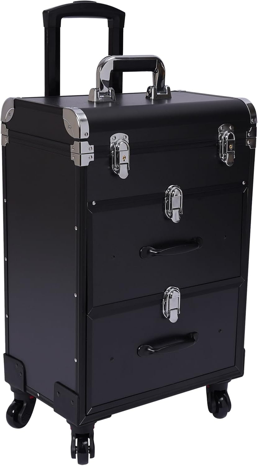 Professional Rolling Makeup Case Train Case Portable Cosmetic Organizer Trolley Lockable Rolling Make-ups Case Storage Cart Makeup Train Case Cosmetology Case On Wheels (Black|3 trays|Type B)