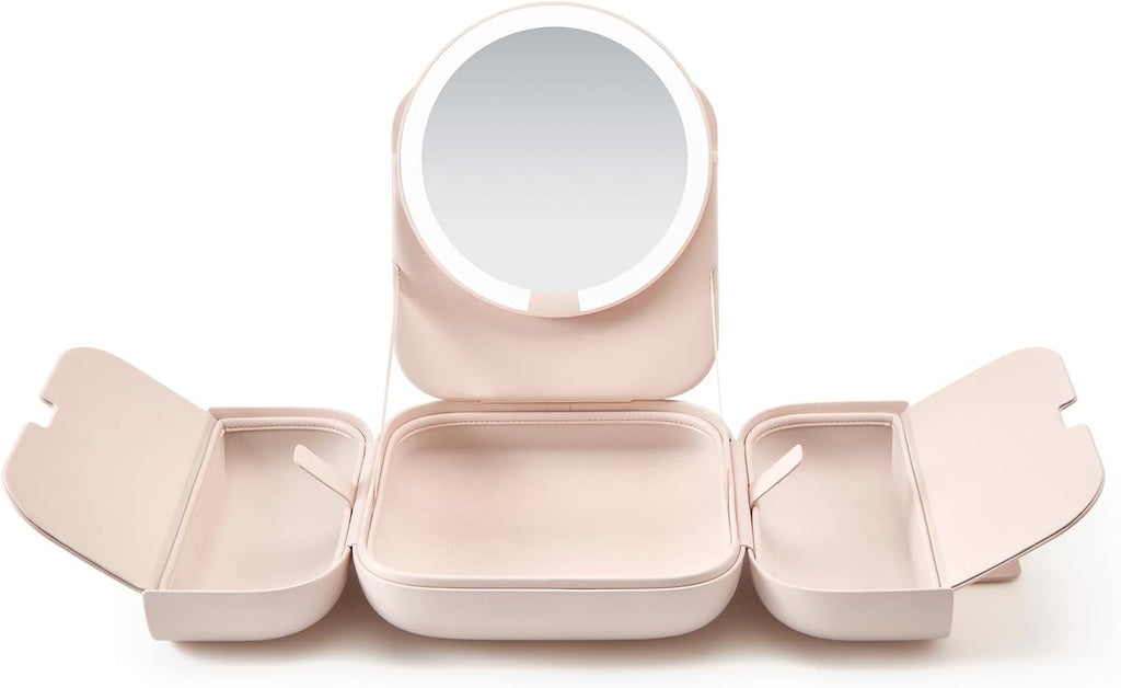 AMIRO M2 Cude Travel Makeup Bag with 5 Level Brightness & 3 Color LED Mirror, Portable Makeup Artist Organizer, Pink