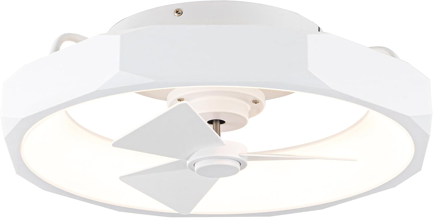 Parrot Uncle Low Profile Ceiling Fans with Lights and Remote, 20 Inch Bladeless Ceiling Fan for Bedroom Flush Mounted, Dimmable Light, Reversible DC Motor, Timer (White)