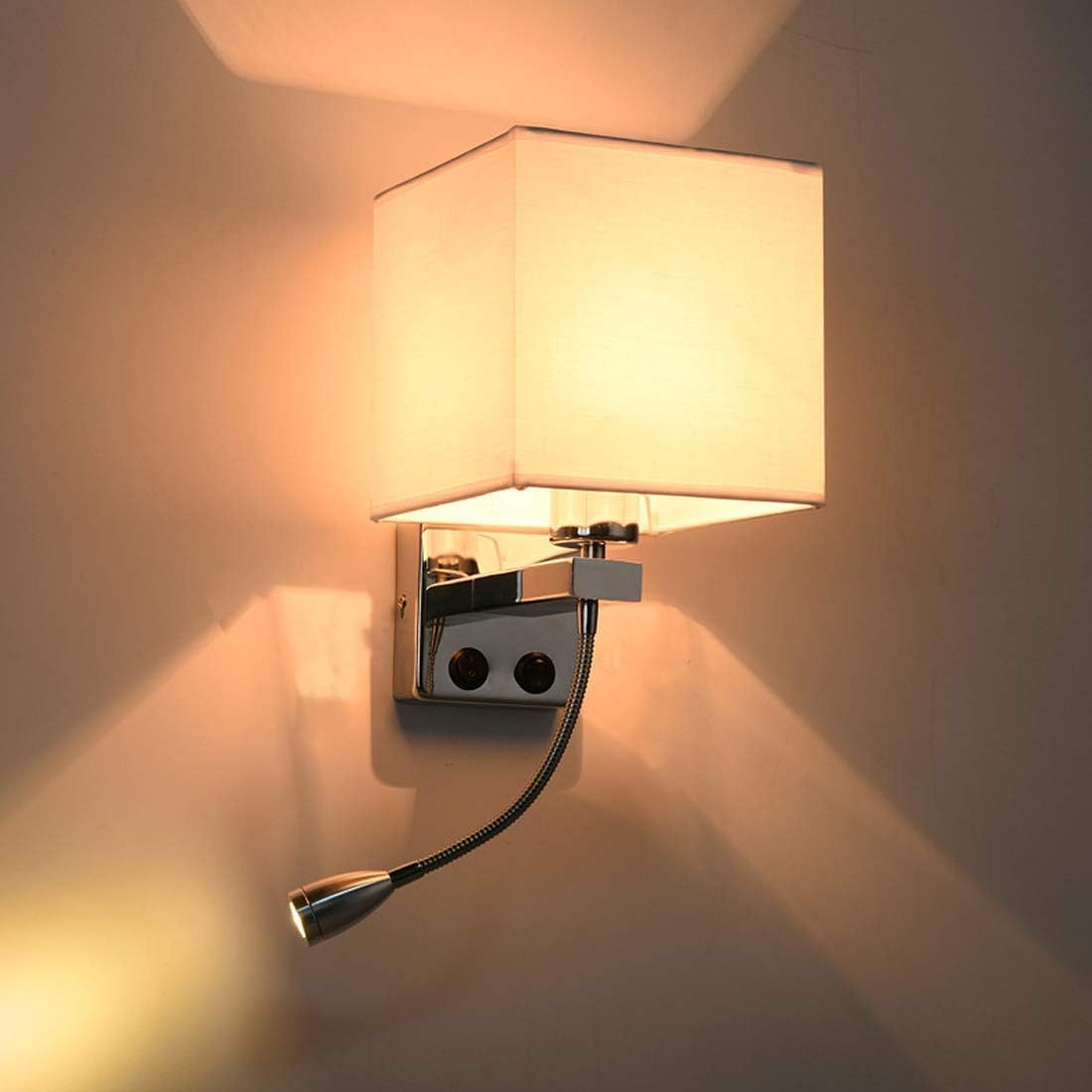 Wall Lamps with LED Reading Light, Bedside Sconce with Switch, Lamp Fabric Lampshade with 2 Points, Adjustable Indoor Spotlights, Brown