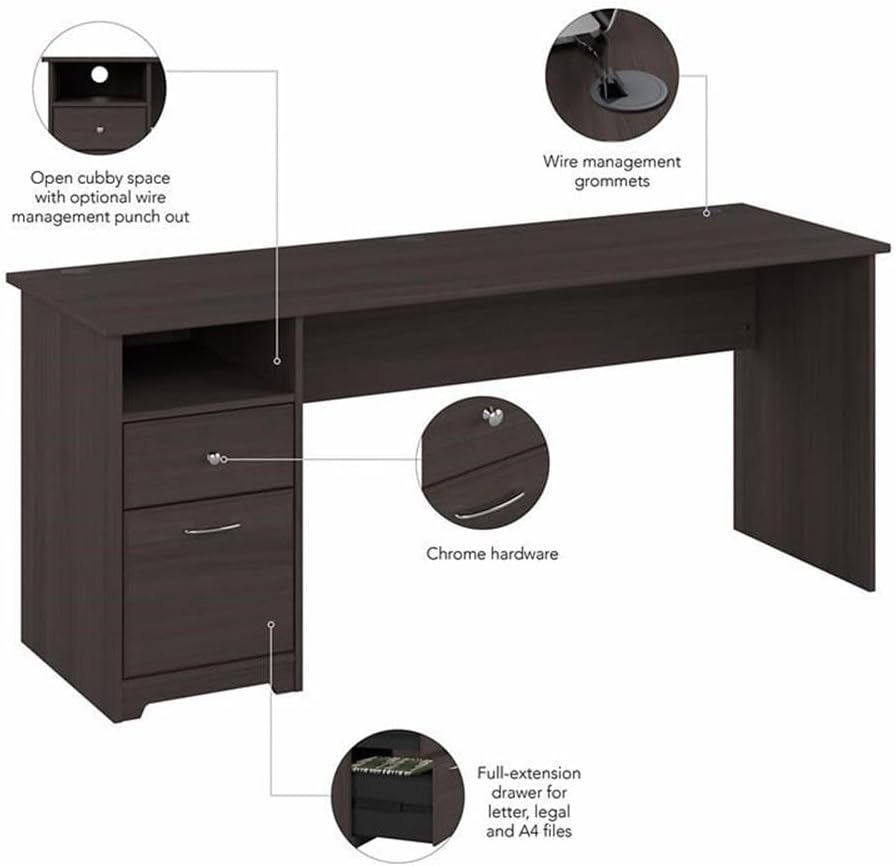 Bush Furniture Cabot 72W Computer Desk with Drawers in Heather Gray, Large Work Table and Built-in Storage for Home Office, 6 Foot Long Desktop