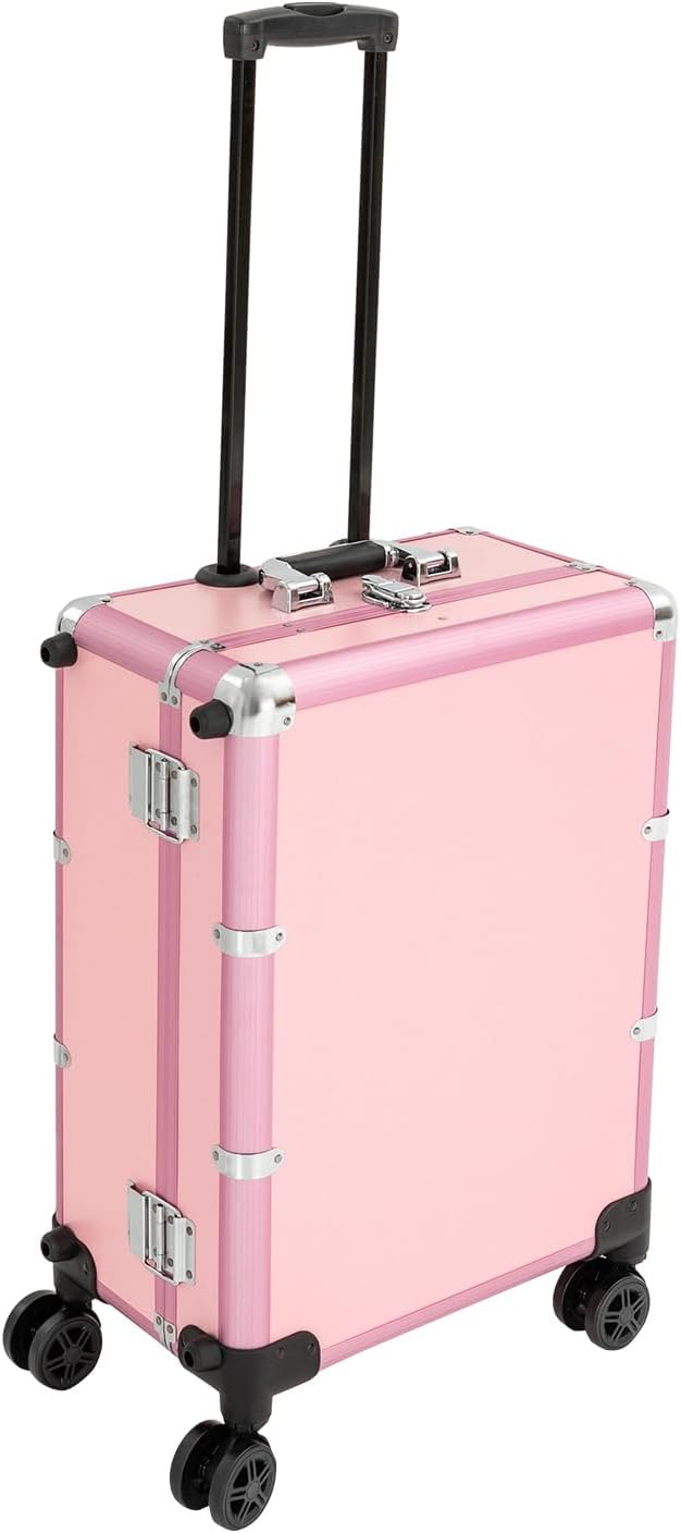 3-Tier Rolling Makeup Train Case, Aluminum Salon Cosmetic Trolley Organizer with LED Light & Mirror & 4 Wheels Adjustable Height Professional Large Storage Travel Beauty Luggage Pink