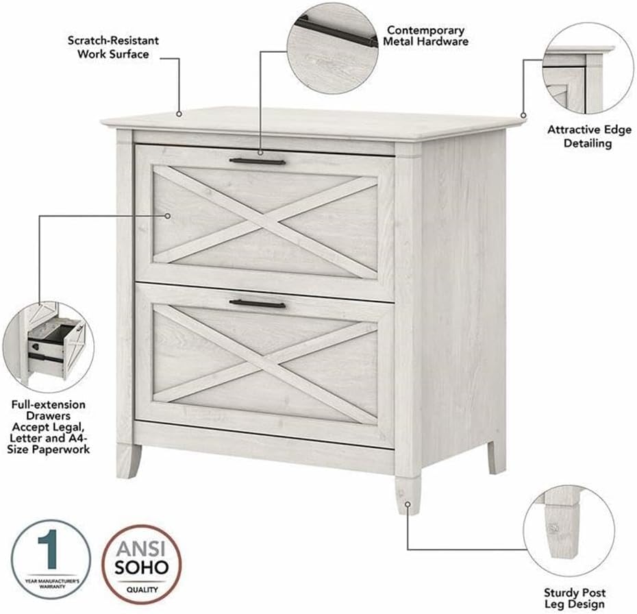 Bush Home Key West 54W Computer Desk with 2 Drawer Lateral File Cabinet and 5 Shelf Bookcase in Linen White Oak