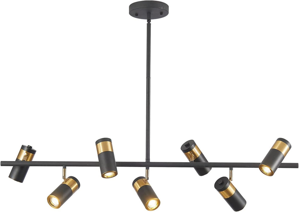 KCO Lighting Black and Gold 7-Light Hanging Track Lighting Modern Kitchen Island Pendant Track Lighting Fixtures Mid Century Ceiling Mount Adjustable Spotlight
