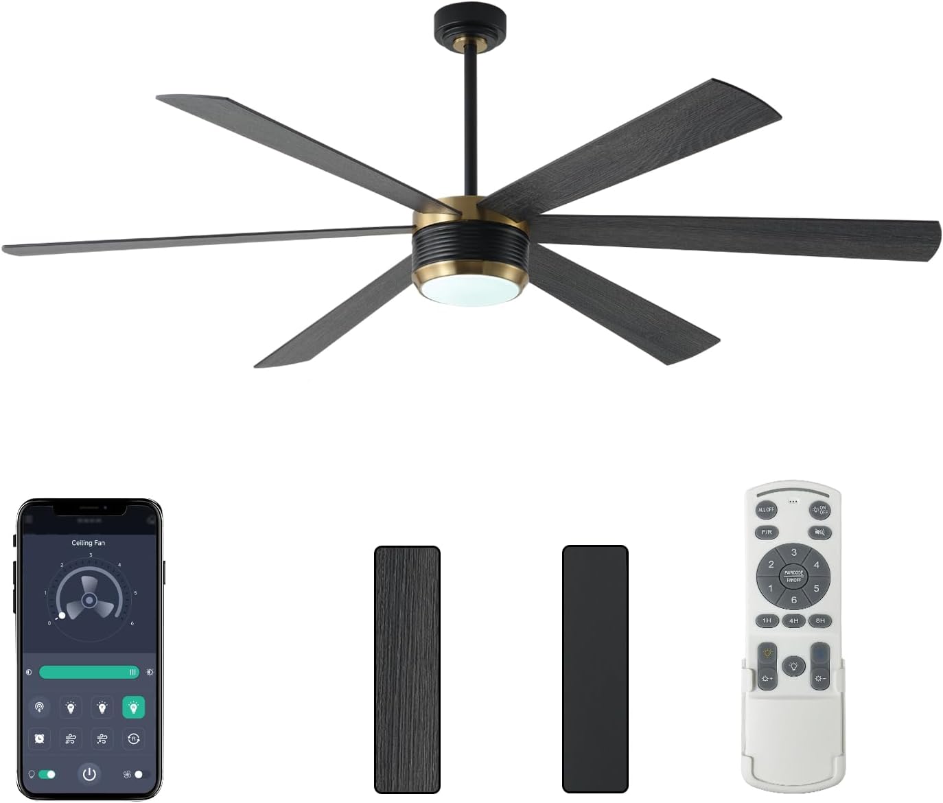 SHOWDI Ceiling Fans with Lights and Remote, Black-Gold 72 in | 2 Blade Color, Metal Material, App Remote Control, Timer, Reversible, 3CCT, Dimmable for Bedroom, Living room, Indoor
