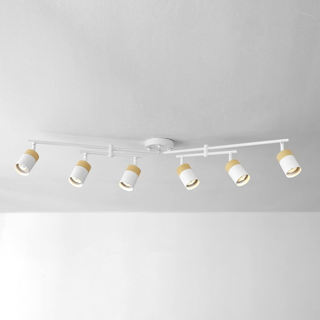 Globe Electric 64000055 42' 6-Light Track Lighting, Double Center Swivel Bar, Matte White, Wood Toned Accents, Ceiling Light, Pivot Shades, 6 Bulb, Kitchen Lights, GU10 Sockets