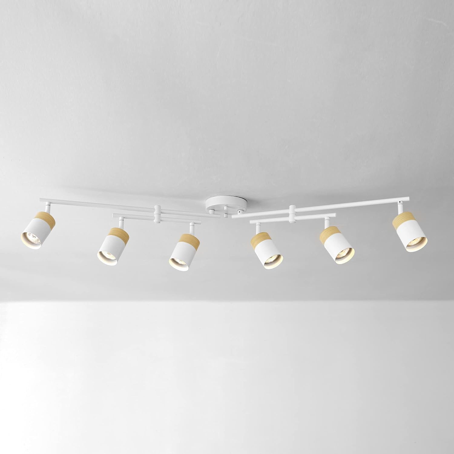 Globe Electric 64000055 42' 6-Light Track Lighting, Double Center Swivel Bar, Matte White, Wood Toned Accents, Ceiling Light, Pivot Shades, 6 Bulb, Kitchen Lights, GU10 Sockets