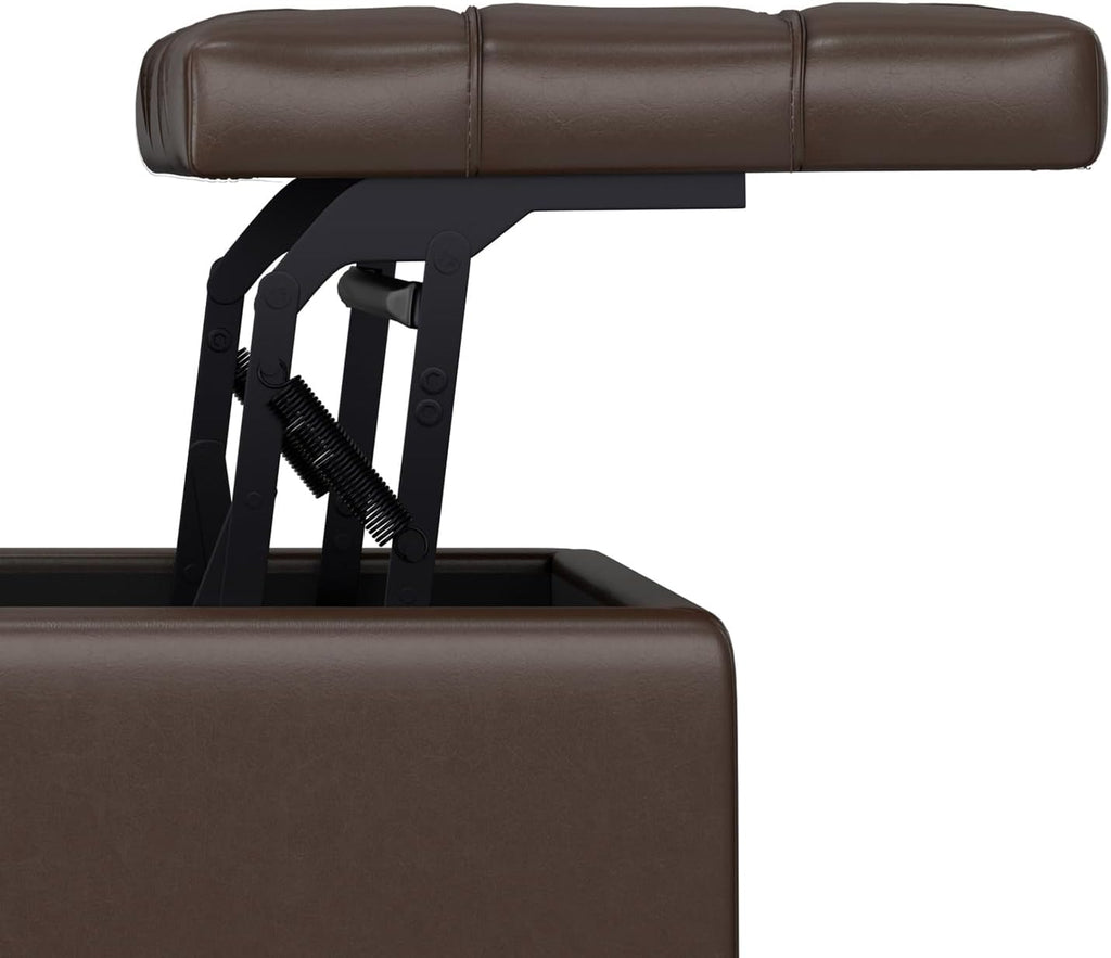 SIMPLIHOME Harrison Small Coffee Table Storage Ottoman - 30 inch Wide Upholstered Vegan Leather Square Lift-Top Ottoman in Chocolate Brown, Transitional Ottoman for Living Room with Hidden Storage