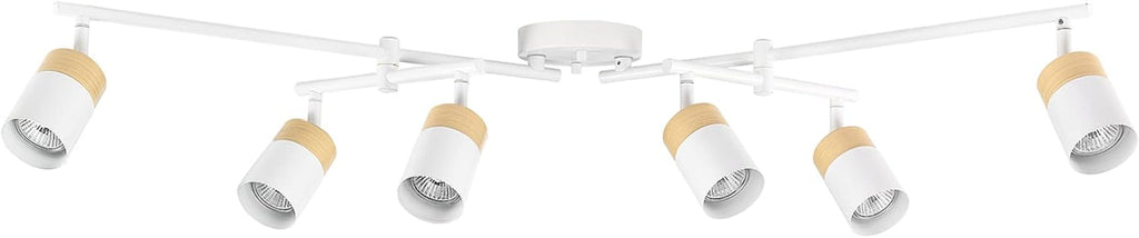 Globe Electric 64000055 42' 6-Light Track Lighting, Double Center Swivel Bar, Matte White, Wood Toned Accents, Ceiling Light, Pivot Shades, 6 Bulb, Kitchen Lights, GU10 Sockets