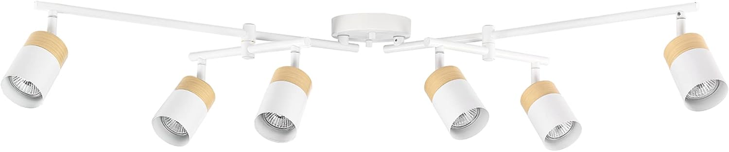 Globe Electric 64000055 42' 6-Light Track Lighting, Double Center Swivel Bar, Matte White, Wood Toned Accents, Ceiling Light, Pivot Shades, 6 Bulb, Kitchen Lights, GU10 Sockets
