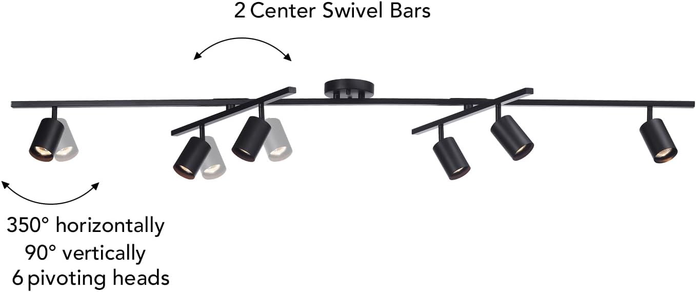 Globe Electric 59463 6-Light Track Lighting, Matte Black Finish, Center Swivel Bars, Adjustable Heads, Dimmable, GU10 Base, Modern Industrial Design