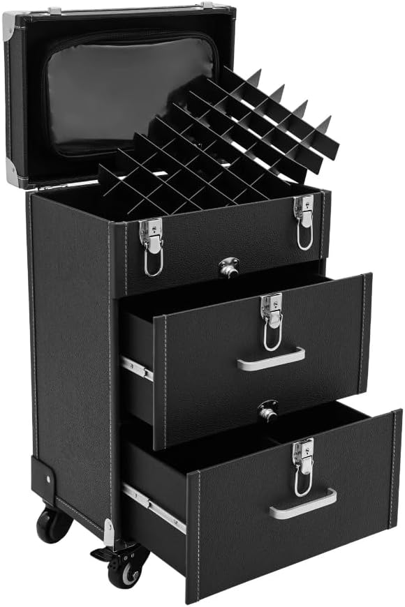 Rolling Makeup Case, Professional Makeup Trolley with 2 Large Drawers and Wheels Cosmetic Organizer Trolley for Studio or Travelling Nail Technician Artists Cosmetologist Stylist (Black, Silver)