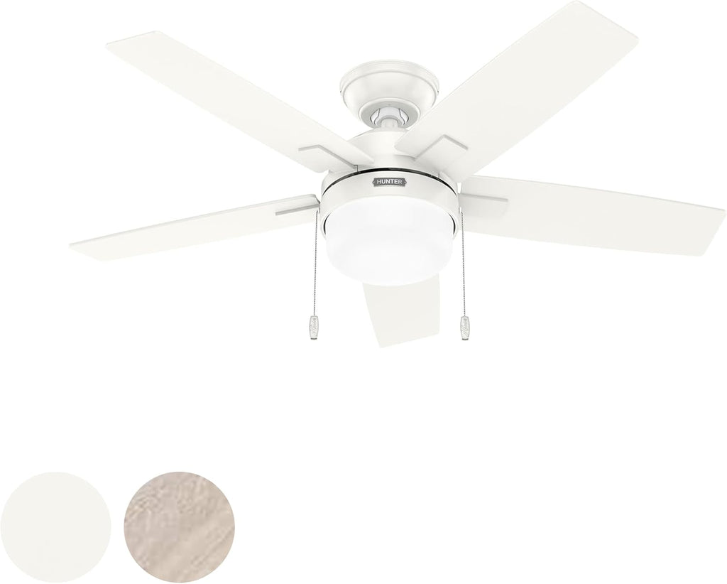 Hunter Fan 44 inch Fresh White Indoor Ceiling Fan with Light and Pull Chain for Bedroom, Living Room, Office, Basement, Kitchen (Renewed)