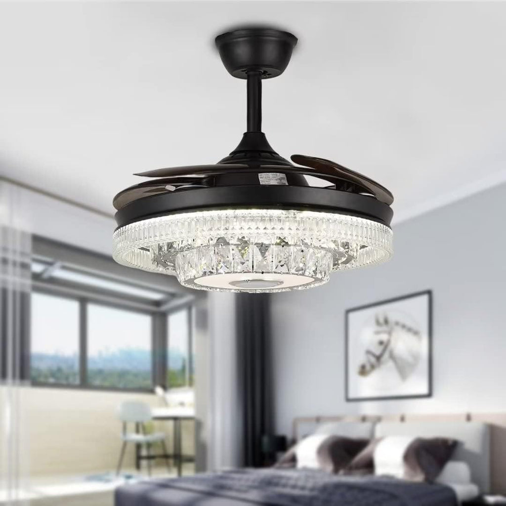 42' Modern Crystal Chandelier Ceiling Fans with Lights Remote Control, Black Rectractable Blade Fandelier with Bluetooth Speaker Forward Reverse 6 Speeds 7 Dimmable for Living Room Bedroom
