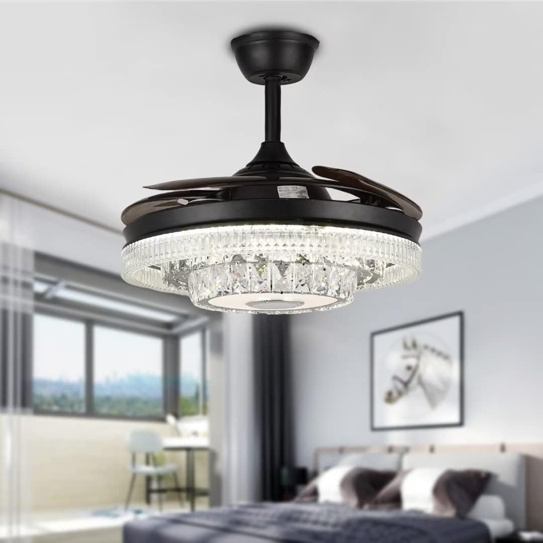42' Modern Crystal Chandelier Ceiling Fans with Lights Remote Control, Black Rectractable Blade Fandelier with Bluetooth Speaker Forward Reverse 6 Speeds 7 Dimmable for Living Room Bedroom