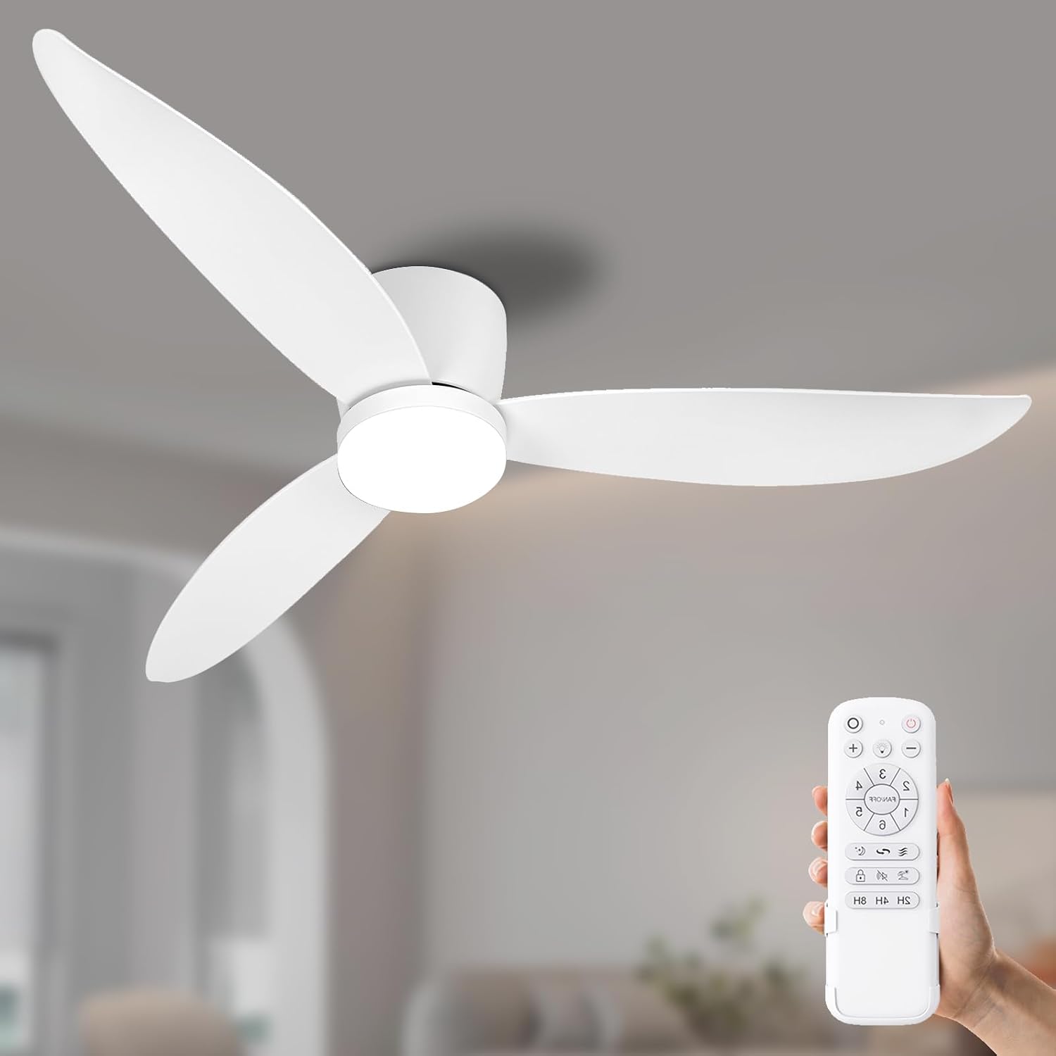 White 52 inch Ceiling Fan with Light and Remote Control, Low Profile Flush Mount Ceiling Fan with Lights, 3 Blade Dimmable LED Light for Bedroom Living Room Indoor, 6 Speeds DC Reversible Fans