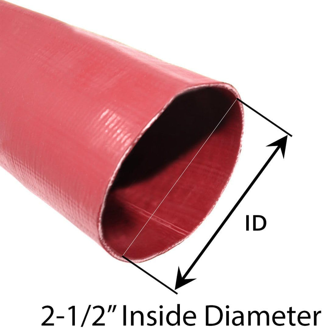 Gloxco 2-1/2' x 50′ Red Heavy Duty Lay Flat PVC Discharge Hose Assembly with Aluminum Cam and Groove C and E Fittings