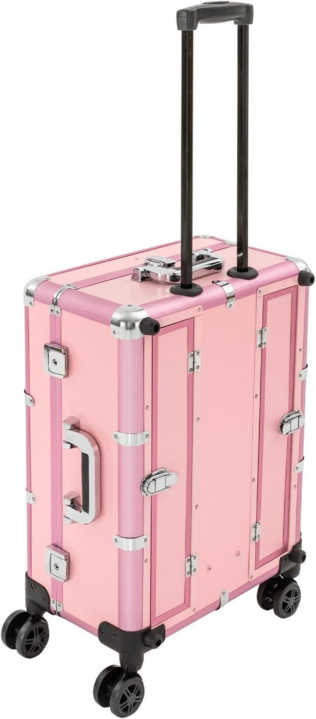 Rolling Makeup Case, Pink, Aluminum Trolley Makeup Train Case | LED Lights, Adjustable Legs, Lockable, Professional Cosmetic Organizer, Lighted Vanity Station