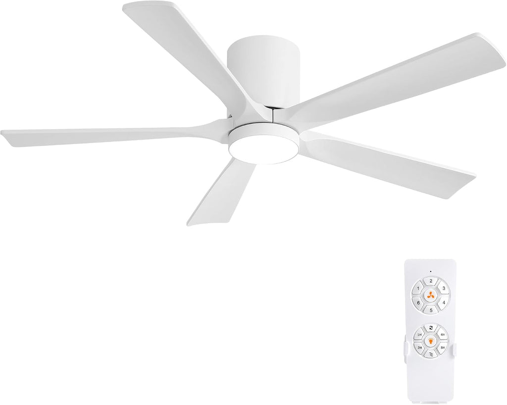 ELEHINSER 52 Inch Flush Mount Ceiling Fan with Lights, Low Profile Modern Ceiling Fan with Remote, Quiet DC Motor, 6-Speed, 3CCT,Timer, 5 Solid Wood Blades, White