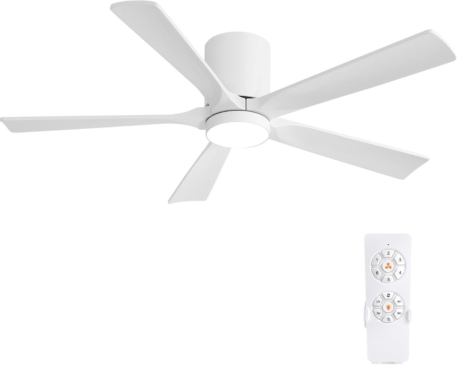 ELEHINSER 52 Inch Flush Mount Ceiling Fan with Lights, Low Profile Modern Ceiling Fan with Remote, Quiet DC Motor, 6-Speed, 3CCT,Timer, 5 Solid Wood Blades, White