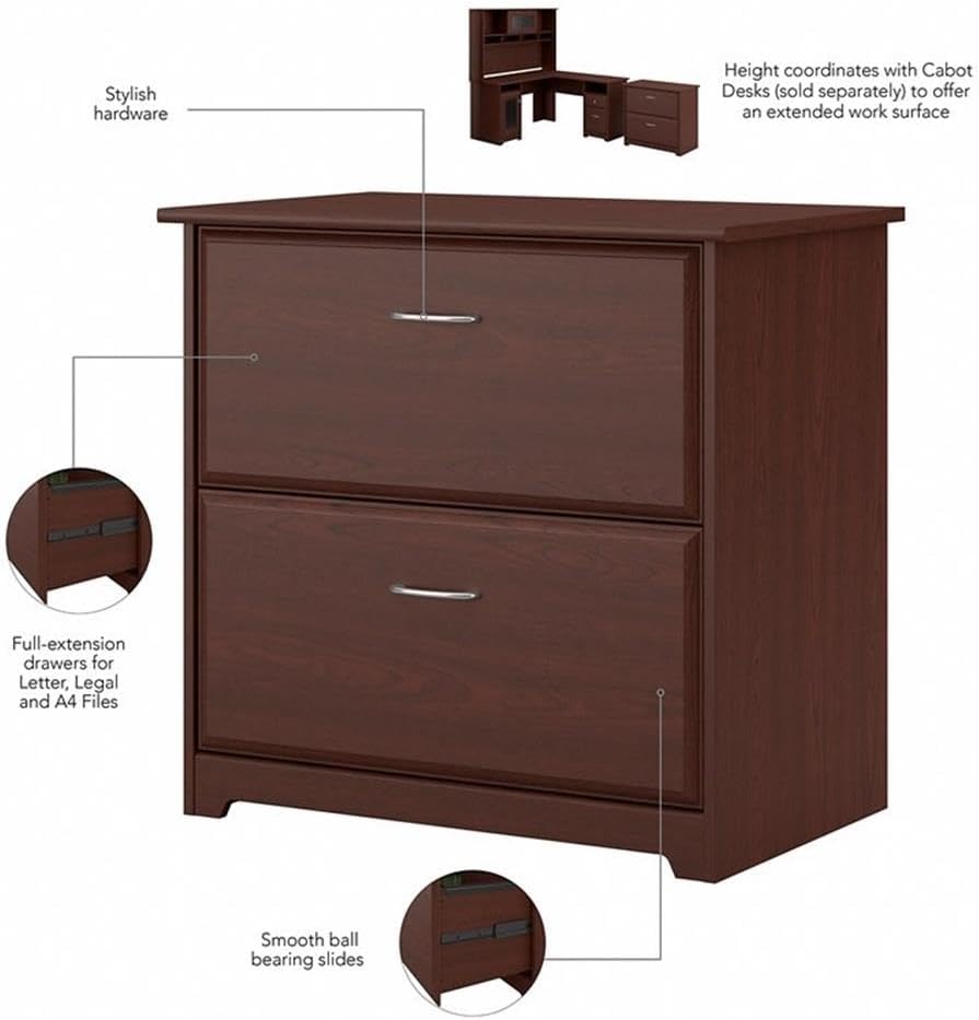 Bush Home Cabot 2 Drawer Lateral File Cabinet in Harvest Cherry, Home Office Chest for Letter, Legal, and A4-size Document Storage