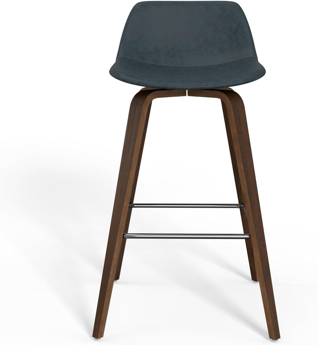 SIMPLIHOME Randolph Counter Stools (Set of 2) - 28 Inch Seat Height Upholstered Bentwood Kitchen Seats in Distressed Blue Vegan Faux Leather, Mid Century Seating with Curved Backrest and Footrest