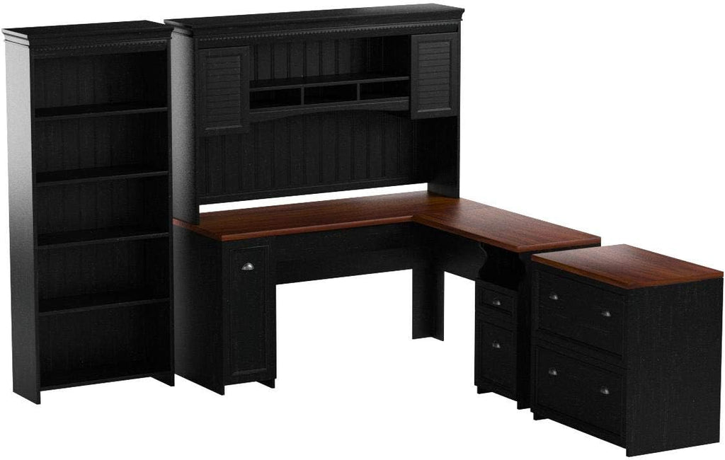 Bush Home Fairview 60W L Shaped Desk with Hutch, Lateral File Cabinet and 5 Shelf Bookcase in Antique Black and Hansen Cherry